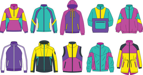 Retro Color Block Jacket Collection Featuring Hoodies, Windbreakers, Track Jackets, Anoraks, Vests, and Vintage Sportswear Flat Vector Set © MdNazmul