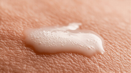 Fototapeta premium Transparent cosmetic serum drop on human skin. Macro view of liquid skincare product on body. Concept of natural beauty, dermatology care, hydration and moisturizing facial treatment.