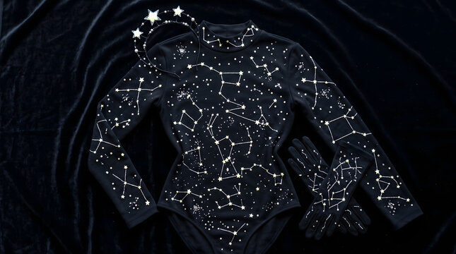 Fashionable celestialthemed black bodysuit with sparkling constellation patterns and matching gloves and headband transparent background