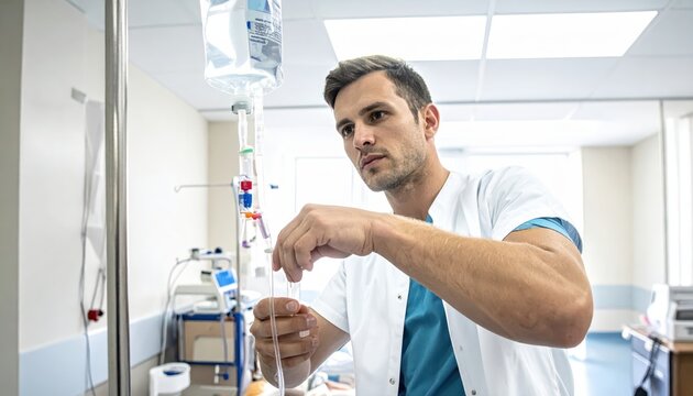 Nurse administering intravenous medication in hospital setting