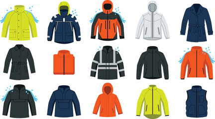 Waterproof Rainwear and Safety Outerwear Collection Featuring Rain Jackets, Reflective Workwear, Hooded Coats, Trench Coat, Vest, and Weather Protection Vector Set © MdNazmul