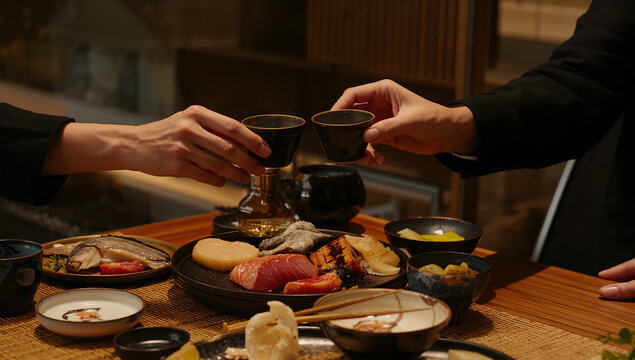 和食の夕食で日本酒を乾杯する日本人の手元