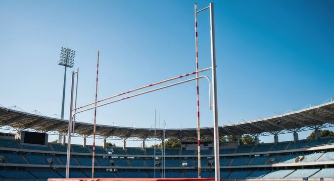 Stadium view with pole vault setup under a bright, blue sky