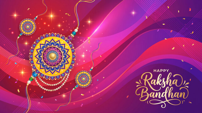Colorful Raksha Bandhan Greeting Banner with Decorative Rakhis on Vibrant Festive Background