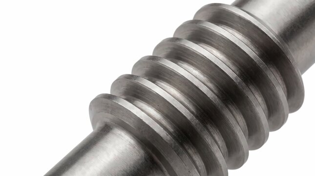 Shiny steel worm gear screw showing precise metallic threading isolated on a clean white studio background