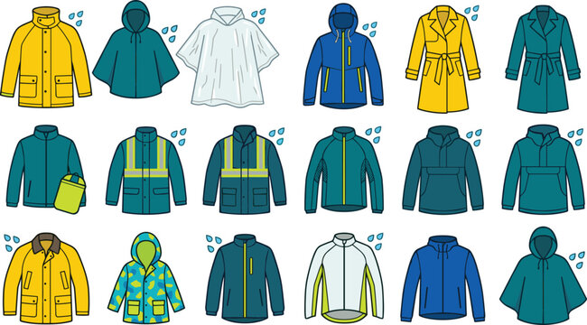 Waterproof Rainwear Jacket Collection with Hooded Coats, Ponchos, Trench Coats, Reflective Workwear, and Outdoor Rain Protection Flat Vector Set