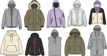 Winter Hooded Outerwear Collection Featuring Hoodies, Parkas, Rain Jackets, Puffer Coats, Sleeveless Vest, and Cold Weather Apparel Vector Set © MdNazmul