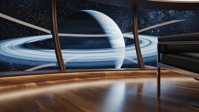 Modern office interior with panoramic window overlooking planet with ring. Futuristic spaceship observation deck view of outer space. Science fiction design concept