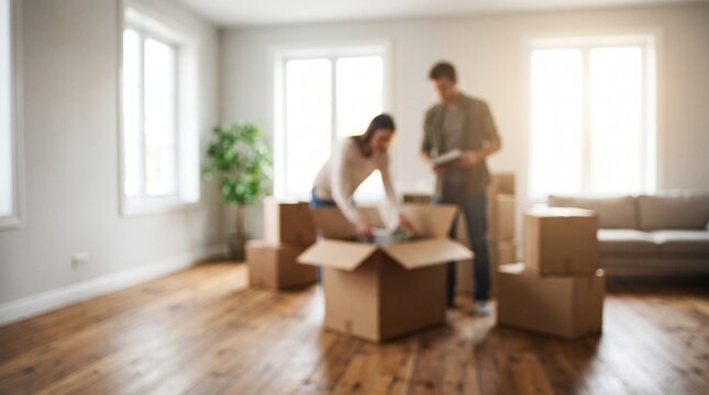 Blurred man and woman unpacking cardboard boxes in bright sunlit living room of new apartment with wooden floors and minimalist decor for home lifestyle and relocation