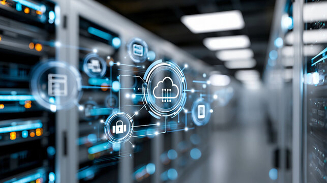 Disaster recovery concept in data center with digital icons cybersecurity cloud backup and crisis management solutions for IT infrastructure, business continuity concept,
