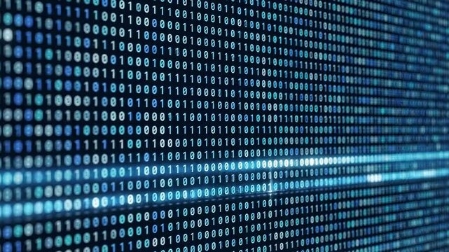 Digital Binary Code Stream with Glowing Blue and White Digits on Dark Screen ideal for Cybersecurity and Big Data Technology Backgrounds.