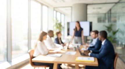 Fototapeta premium Blurred business team meeting in modern office boardroom with diverse professionals sitting around wooden table collaborating on project strategy during daylight hours