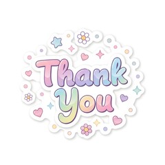 Fototapeta premium Cute Pastel Thank You Sticker with Colorful Hand Lettering, Hearts, Flowers and Kawaii Decorative Elements. 