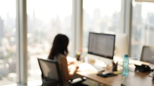 Blurred professional female businesswoman sitting at desk working on desktop computer in modern office with panoramic city view through large glass windows