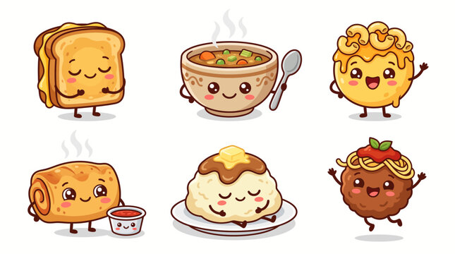 Kawaii Food Characters Cartoon Toast Soup Pastry Illustration