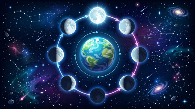 Celestial Earth Moon Phases Orbiting Space Galaxy Stars.