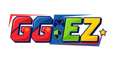 Colorful gg ez esports gaming typography with gamepad and shield © turus