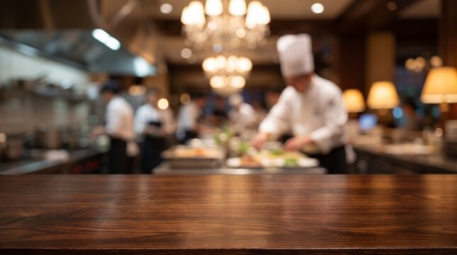 Wooden table top in foreground with blurred view of professional chefs working in busy restaurant kitchen under elegant chandelier light for high end culinary dining concept