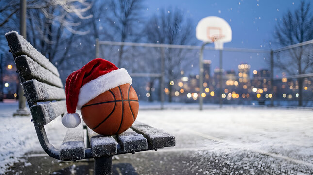 Basketball resting on a park bench wearing a santa claus hat in a snow-covered urban basketball court