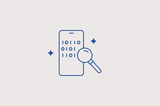 Smartphone screen with binary code matrix and magnifying glass line icon for digital forensics lab. Professional vector illustration for mobile data recovery service, cybersecurity firm, software debu