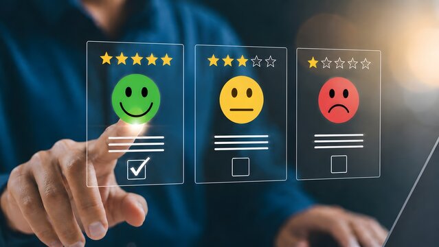 Customer touching virtual green smiling face icon for excellent five star service rating and satisfaction feedback concept