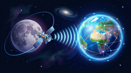 Naklejka premium Satellite orbiting the Moon transmitting data to Earth.