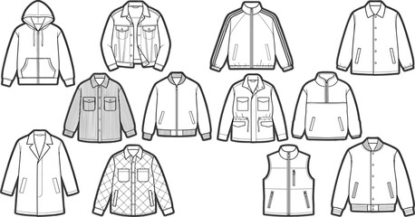 Winter Outerwear Outline Collection Featuring Hoodie, Denim Jacket, Track Jacket, Coach Jacket, Overshirt, Utility Vest, and Casual Coat Line Vector Set © MdNazmul