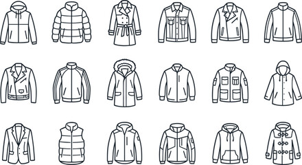 Winter Outerwear Outline Icon Collection Featuring Hoodies, Puffer Jackets, Blazers, Denim Jackets, Parkas, Vests, and Casual Coat Line Vector Set © MdNazmul