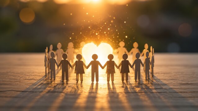 Wooden figures holding hands in a circle around a glowing heart at sunset representing unity love and community support
