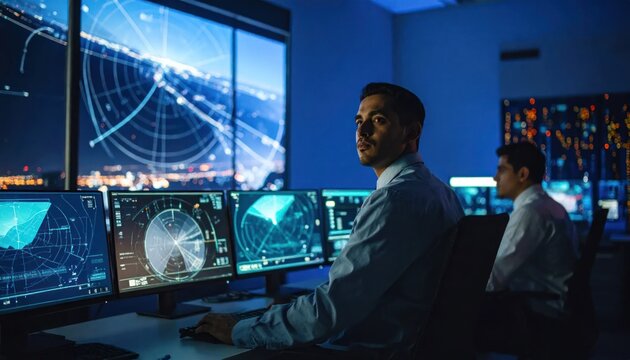 Focused operator monitors multiple screens in a dark blue-lit high-tech control room analyzing complex radar data for security and surveillance.
