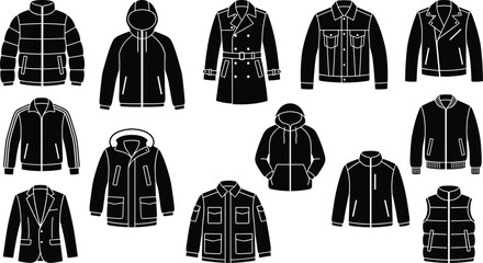 Winter Outerwear Silhouette Collection Featuring Puffer Jacket, Hoodie, Trench Coat, Denim Jacket, Blazer, Parka, Bomber, Utility Coat, and Vest Vector Set © MdNazmul
