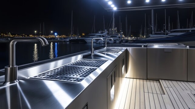 Brightly Lit Stainless Steel Fish Cleaning Stations at Night