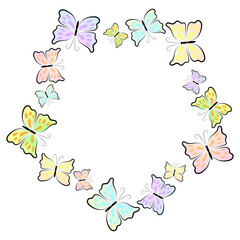 Fototapeta premium A five-pointed frame with cute butterflies in a circle. The colorful butterflies have a black outline. White background.
