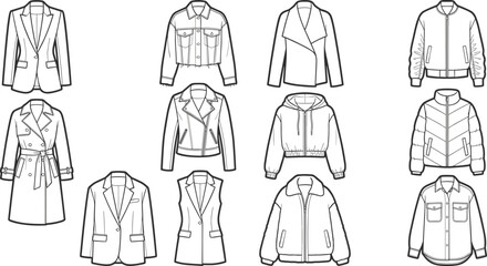 Women's Outerwear Outline Collection Featuring Blazers, Trench Coat, Denim Jacket, Leather Biker Jacket, Bomber, Hoodie, Puffer Jacket, and Shirt Vector Set © MdNazmul