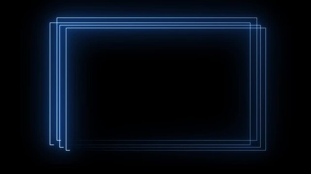 Neon blue glowing square and rectangle frame animation. 4K neon light frame icon isolated on black background...