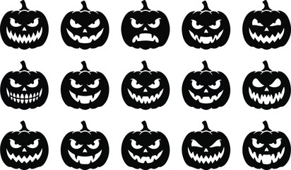 Obraz premium Evil Grin Jack O Lantern Pumpkin Face Silhouettes Vector Set