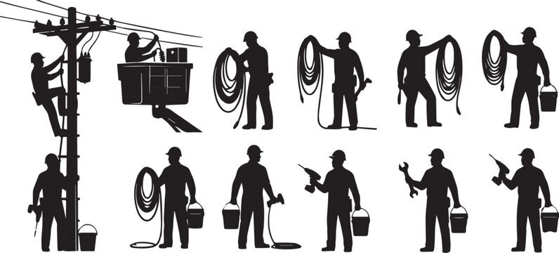 Set of black silhouettes of electrician , utility workers climbing poles and holding cables, industry maintenance concept
