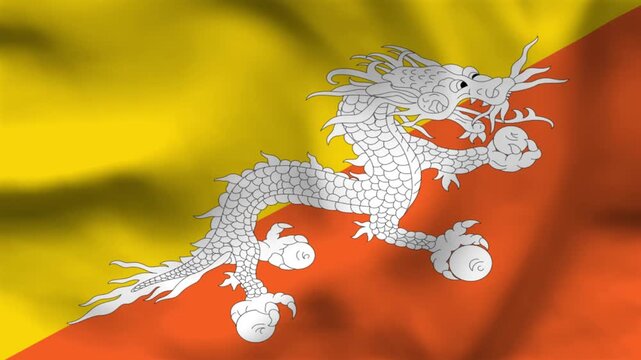 Bhutan flag on wavy fabric, top view. Realistic silk texture with yellow and orange triangles and the white thunder dragon emblem.