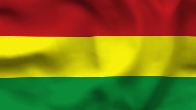 Bolivia flag on wavy fabric, top view. Realistic textile texture with red, yellow, and green horizontal stripes and the central coat of arms.