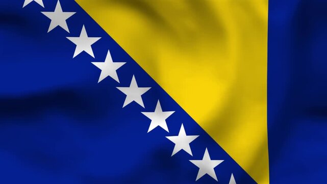 Bosnia and Herzegovina flag on wavy fabric, top view. Blue field with yellow triangle and white stars on realistic textile.
