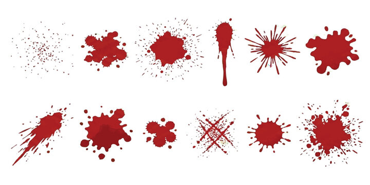 Set of red blood splatter and ink stain shapes for graphic design