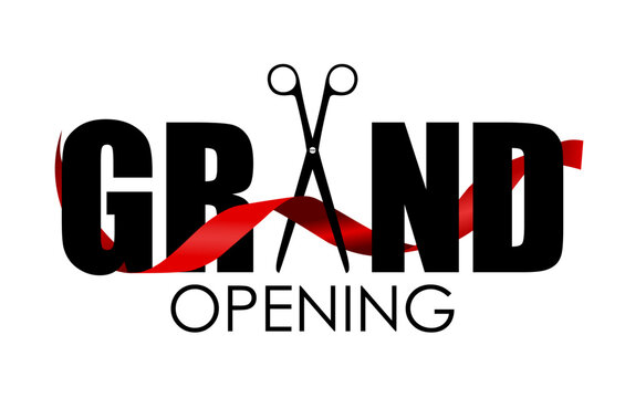 Grand opening announcement with scissors cutting a red ribbon over bold typography