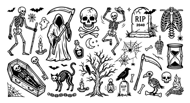 Vintage Halloween occult vector set, hand drawn spooky skeleton and grim reaper illustrations, black and white gothic horror clip art collection