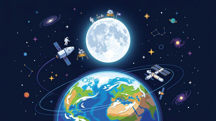 Naklejka premium Earth Moon Space Exploration Astronauts Satellites Planets Stars Galaxy.