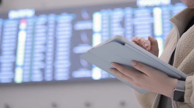 Person holds tablet near airport departure board. Hands visible, focused on screen. Background shows flight information display. Person wears beige coat. Watch on wrist