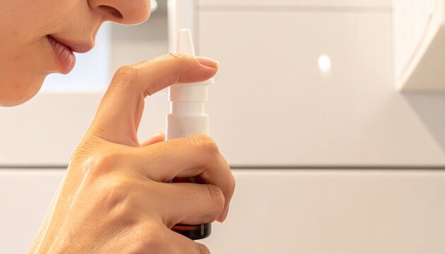 Person's Hand Using Nasal Spray Applicator for Health Relief