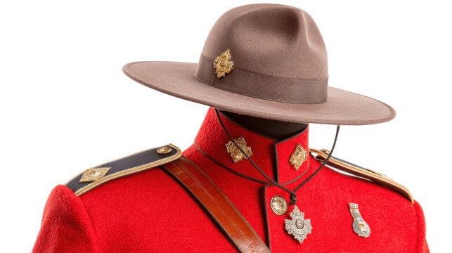 Ceremonial red mounted police uniform with wide brim hat isolated on white background showcasing traditional formal law enforcement attire