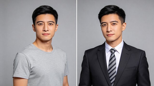 Two portraits of a man in casual and formal attire