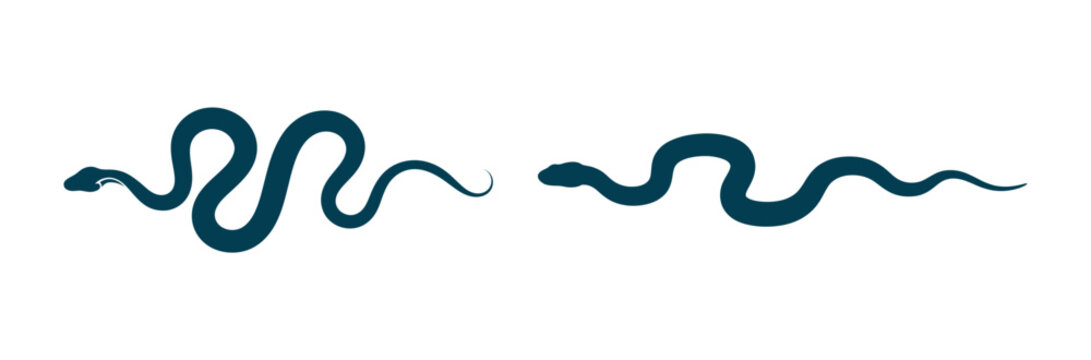 Two dark blue snakes on white background, sinuous and winding, simple style.