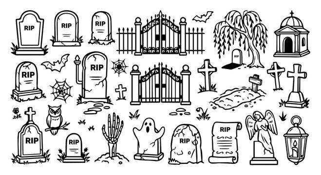 Spooky Halloween cemetery icons set, hand drawn graveyard tombstone and RIP headstone vector collection, creepy cemetery gates and ghost illustrations